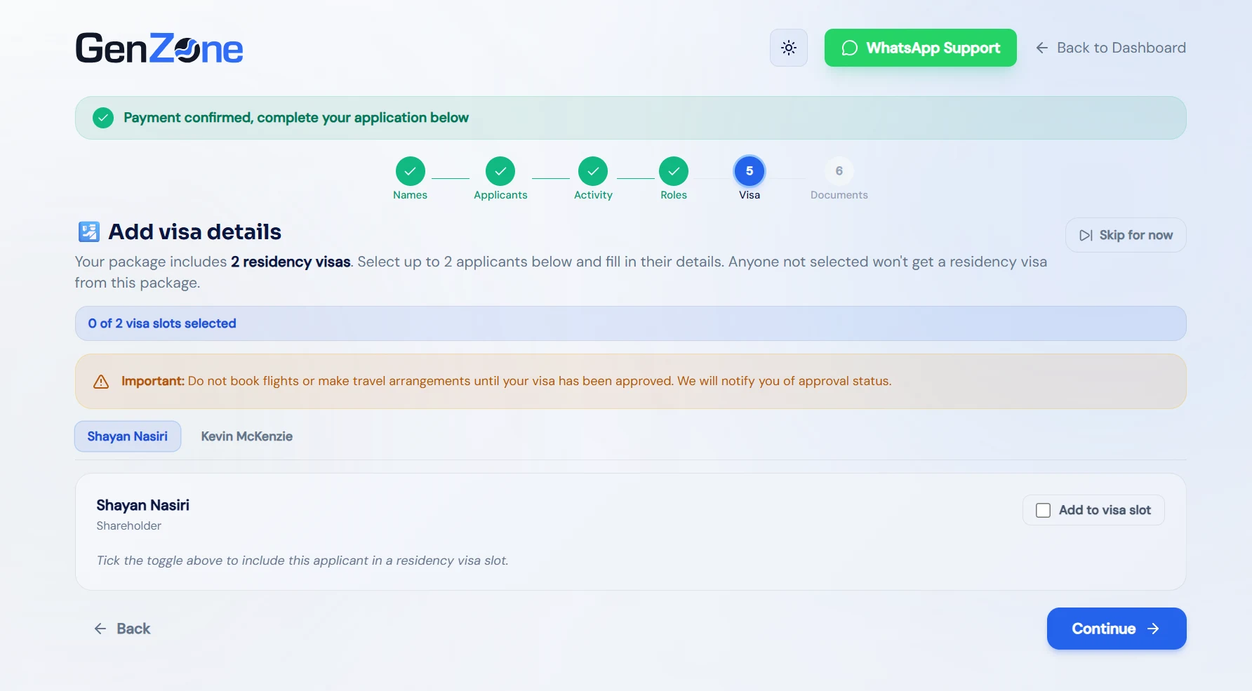 Add visa details screen, selecting which applicants fill the residency visa slots, GenZone LaunchPad