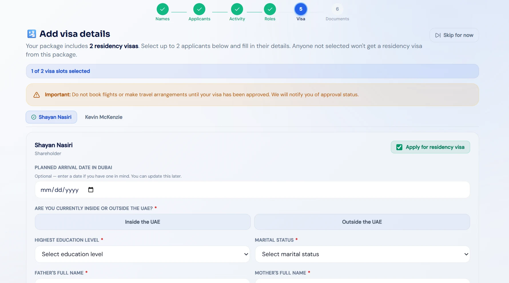 Residency visa profile screen showing arrival date, education level and marital status fields, GenZone LaunchPad