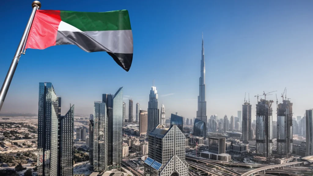 UAE flag and Burj Khalifa showcasing Dubai real estate investment and residency opportunities