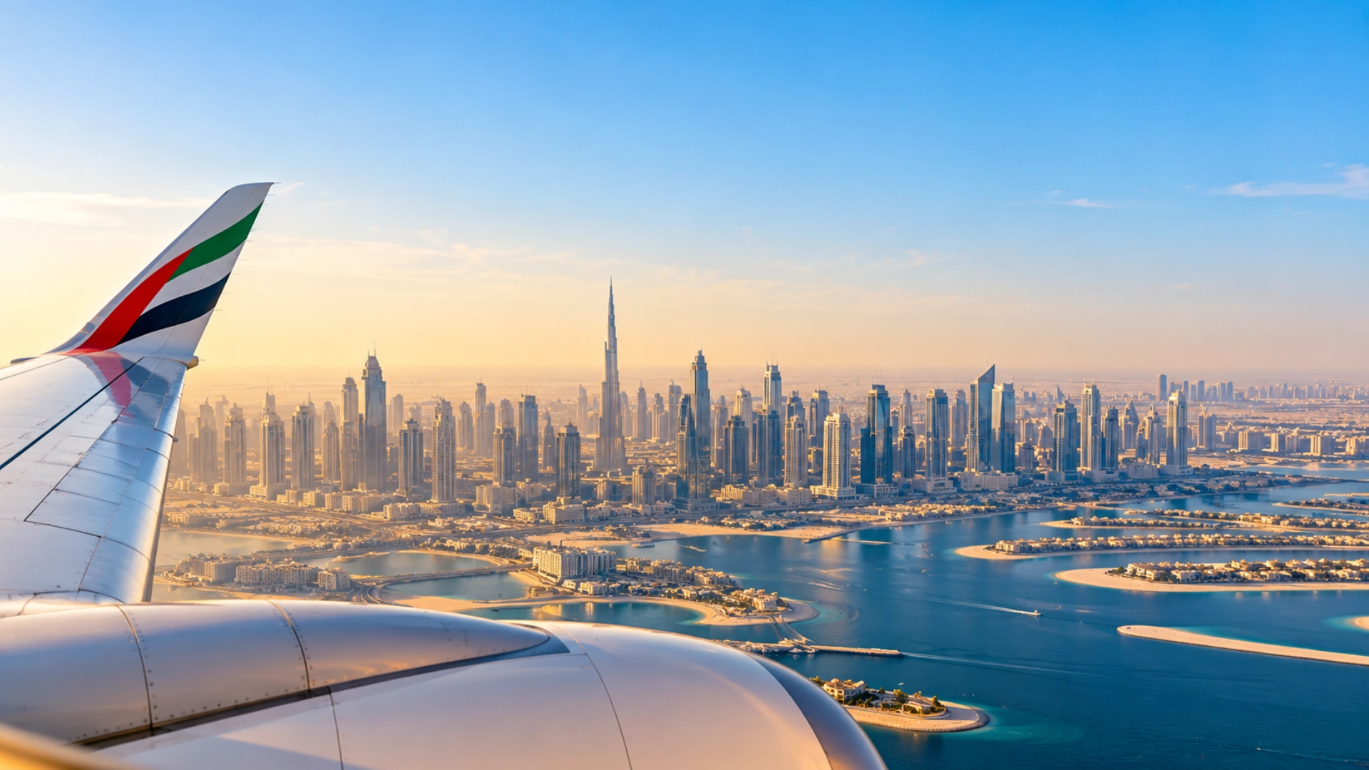 Aerial view of Dubai's skyline featuring the Burj Khalifa, captured from an Emirates aircraft during sunset.