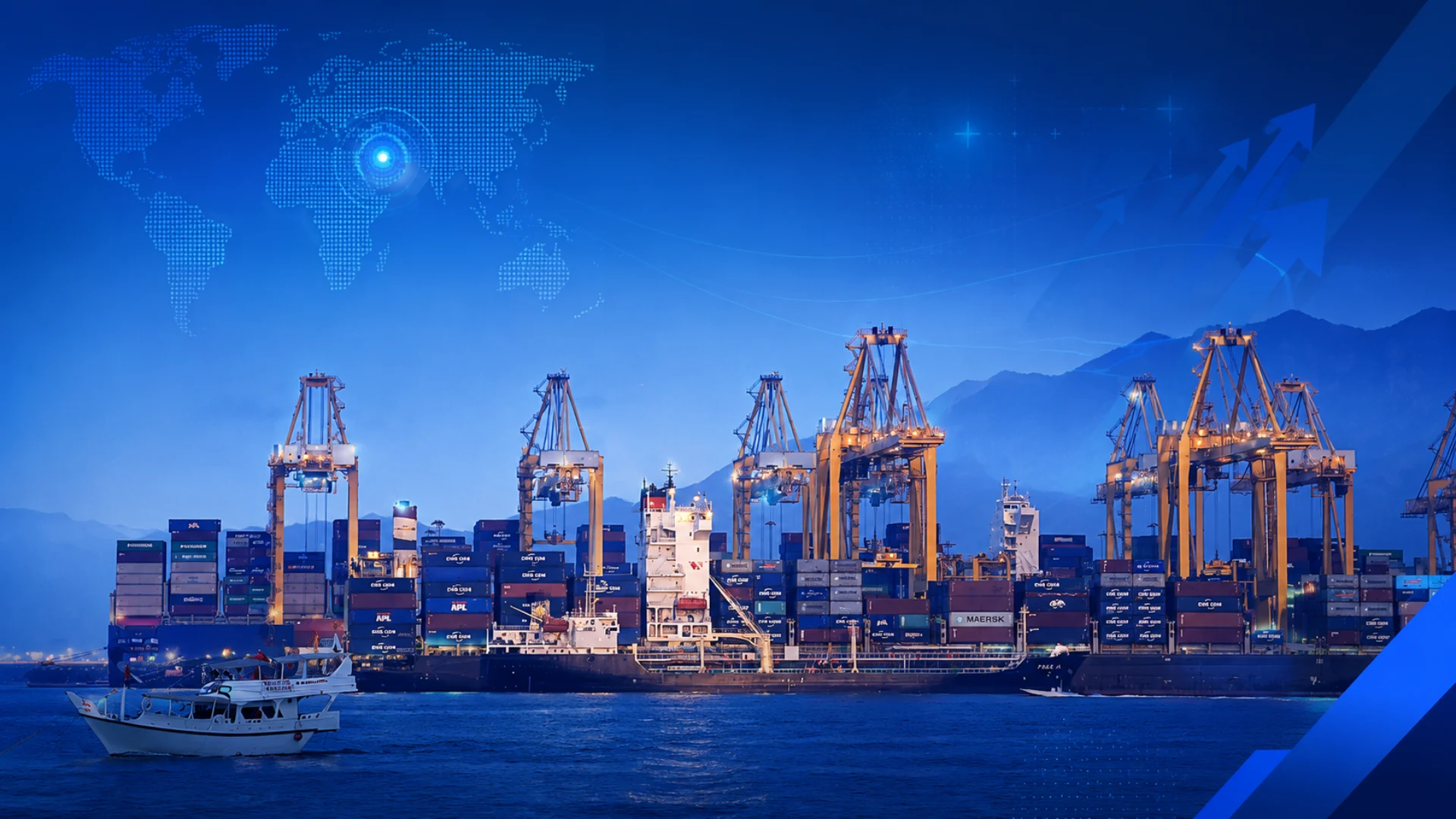 Container ships docked at Fujairah Port with gantry cranes and stacked cargo containers; a small UAE-flagged boat passes.