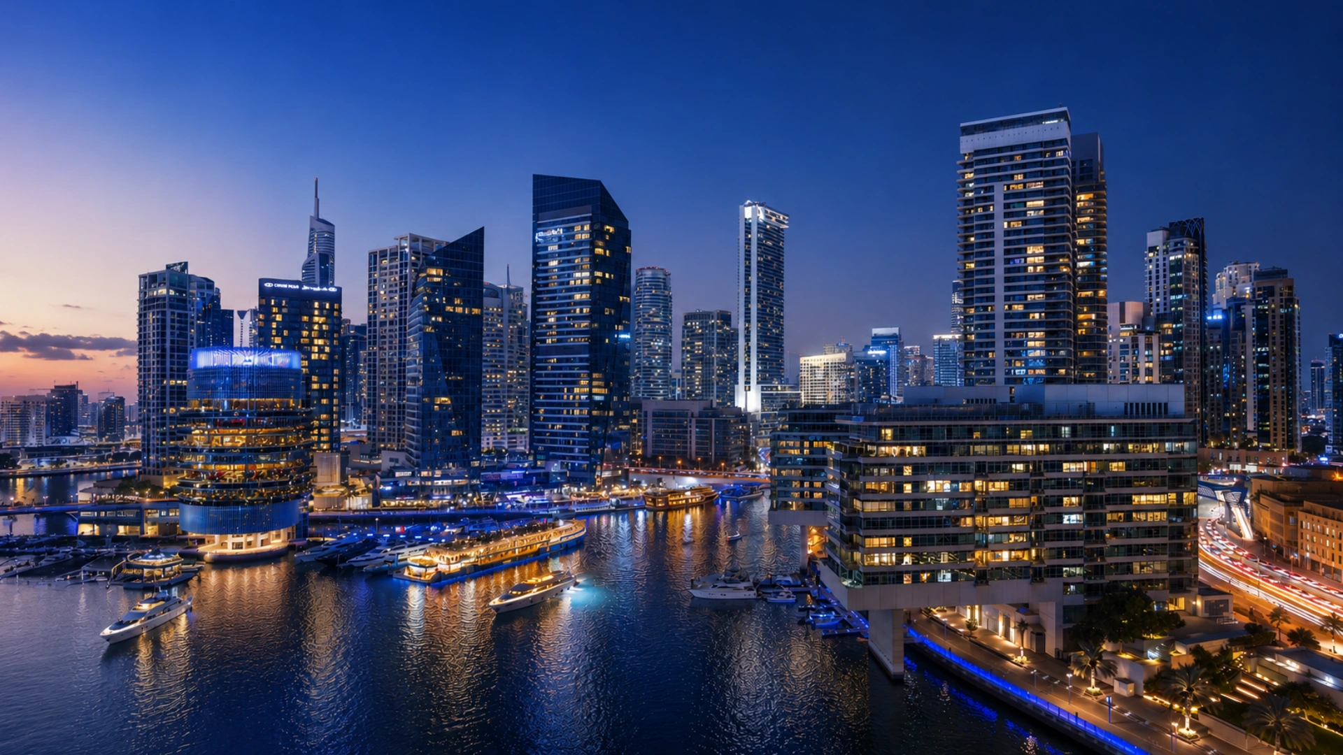 Dubai skyline at night with illuminated towers, marina, yachts and waterfront buildings.