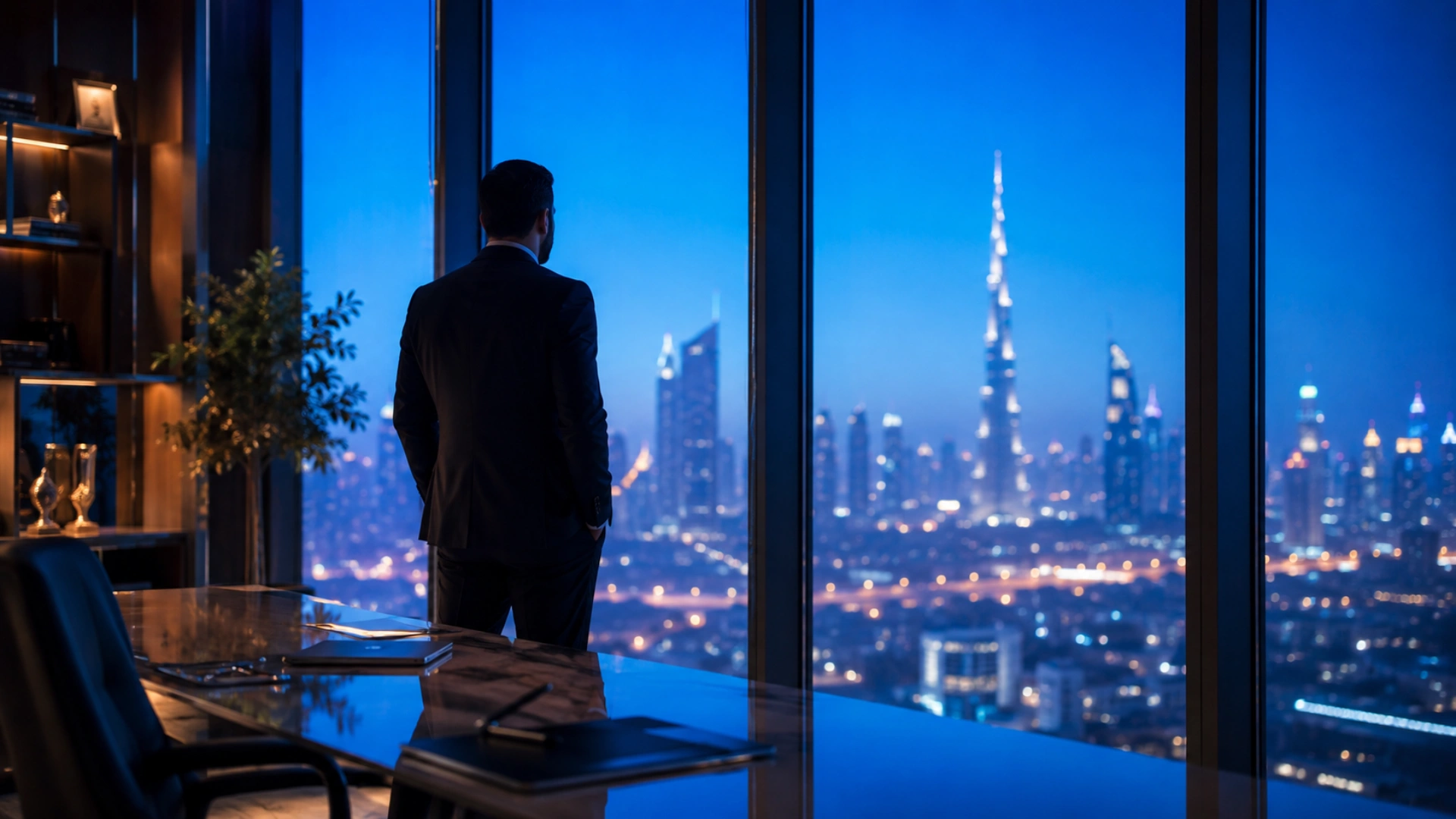 Founder looking out over the Dubai skyline at blue hour from a high-rise office window, in deep cobalt-blue tones.