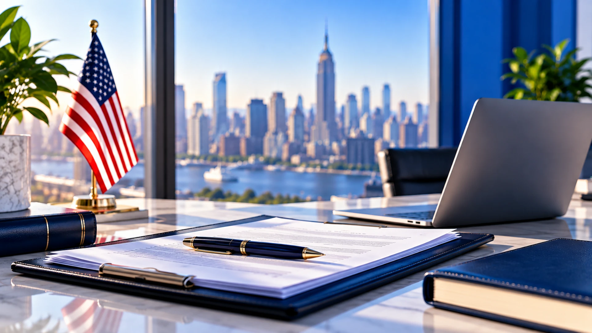 Premium US business workspace with American flag, LLC documents, laptop, and New York skyline in the background.