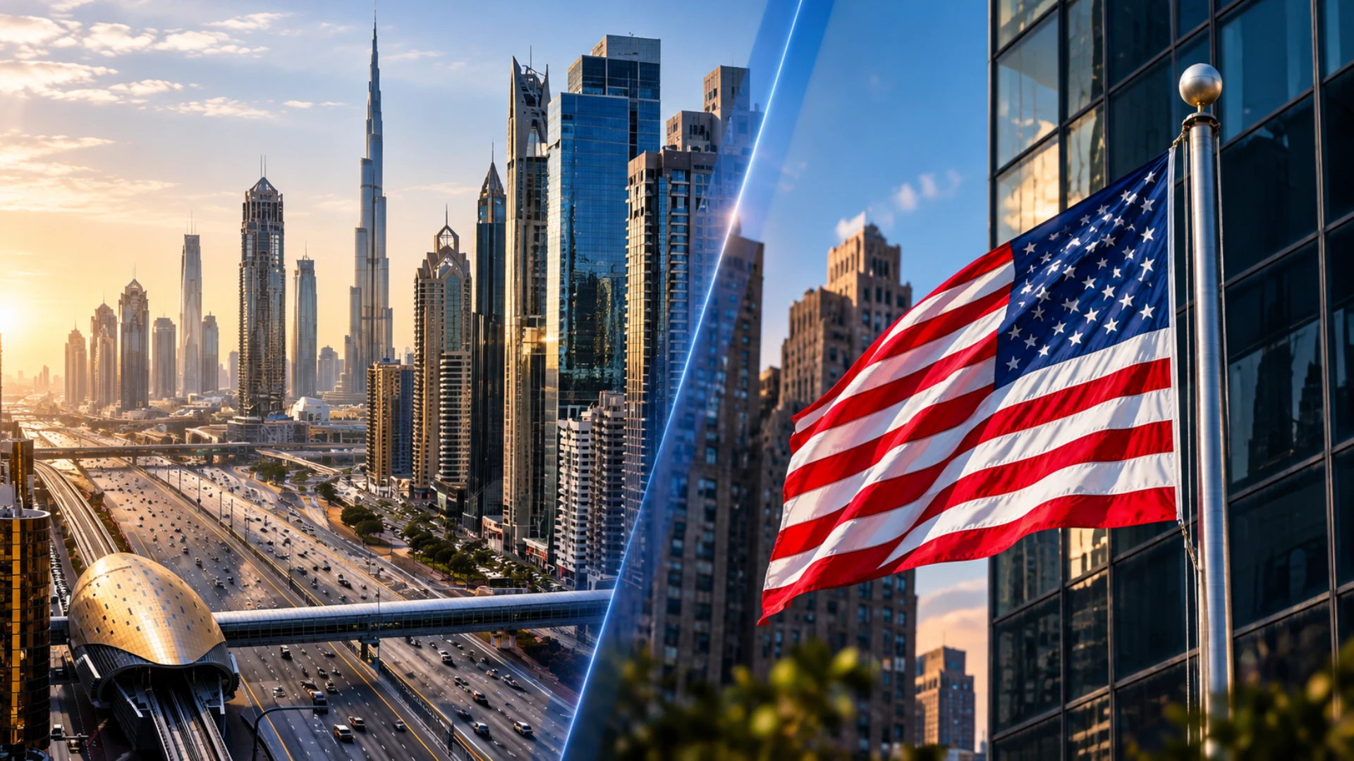 Dubai Free Zone company and US LLC shown side by side representing two different business structures
