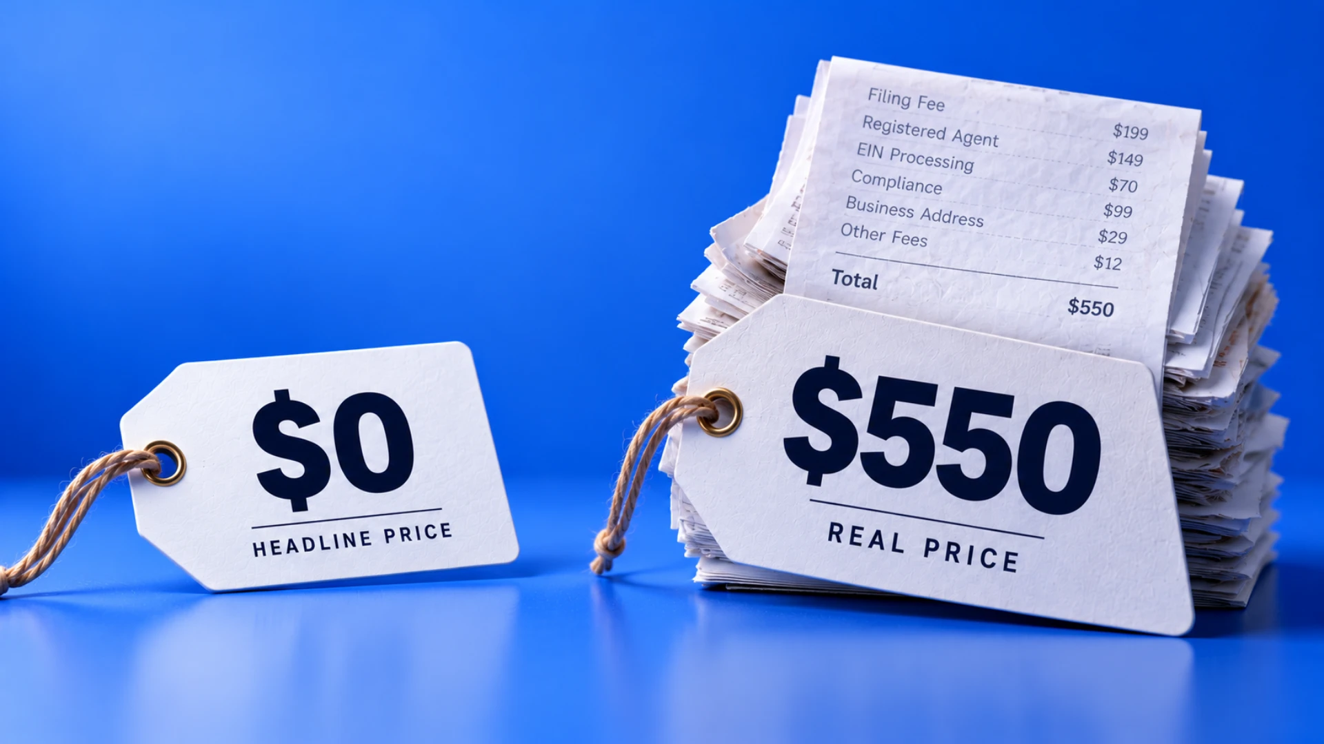 $0 headline price versus $550 real price showing hidden LLC formation and service costs