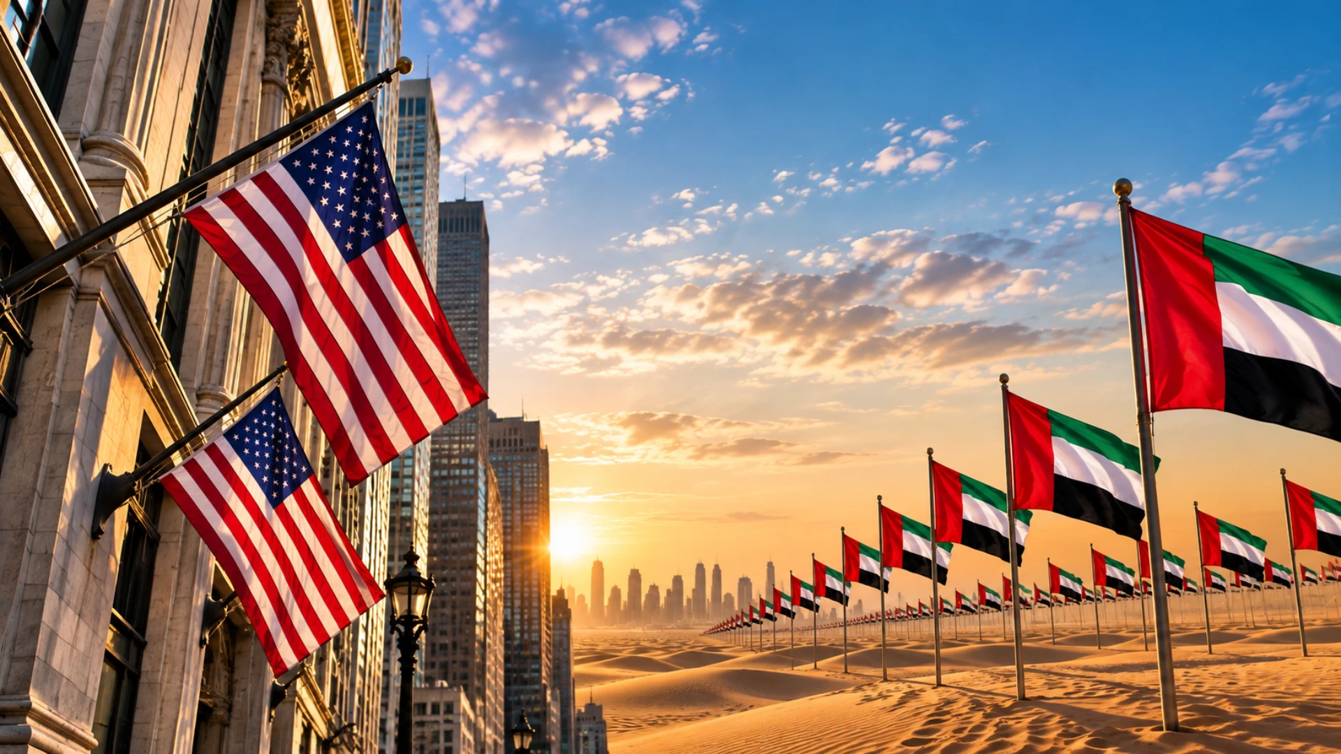 UAE founder forming a US LLC remotely from Dubai with laptop, passport and US and UAE flags