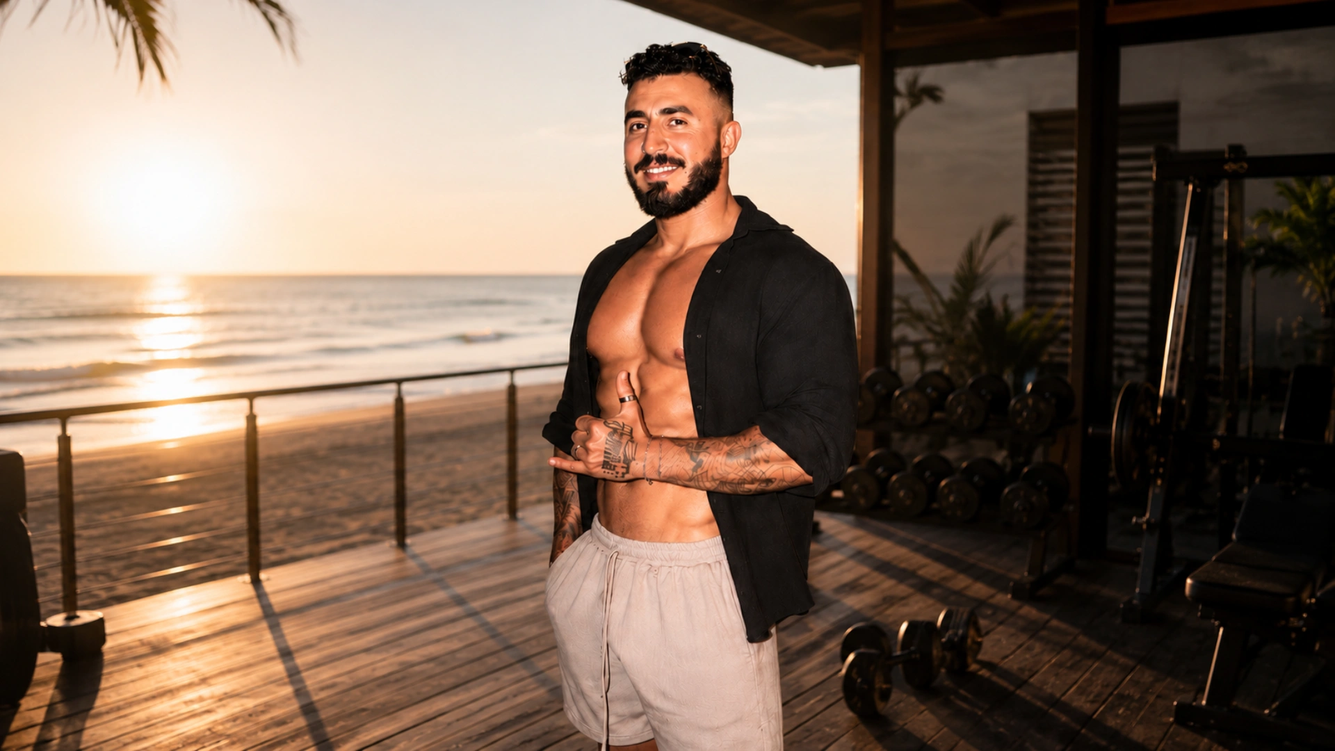 Liwaa Bou Ghader posing on a beach boardwalk at sunset in an open black shirt and shorts.