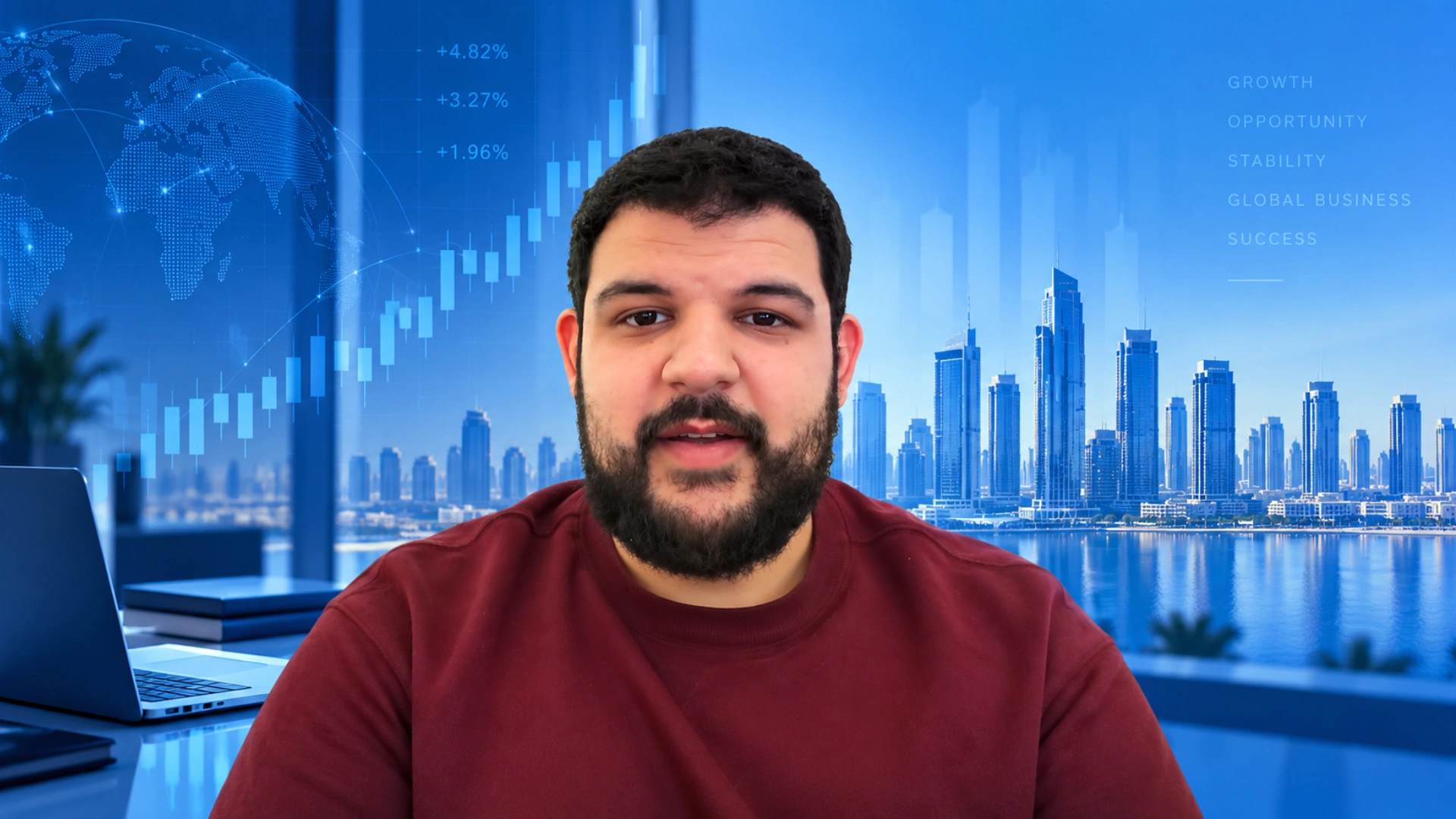 Mustafa Almodares in Dubai with a finance-focused business background and city skyline.
