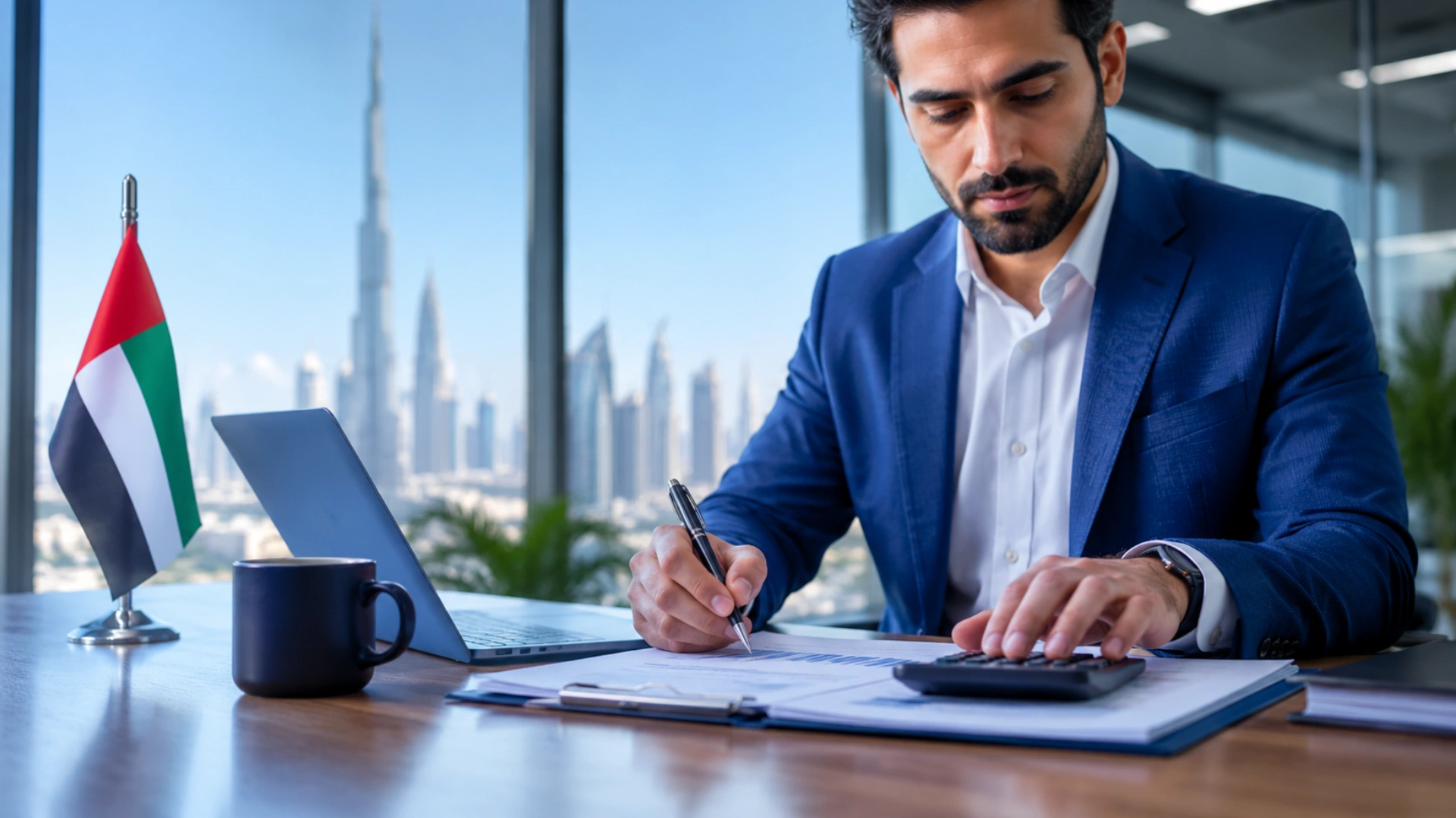 UAE businessman calculating corporate taxes in a Dubai office with the UAE skyline in the background