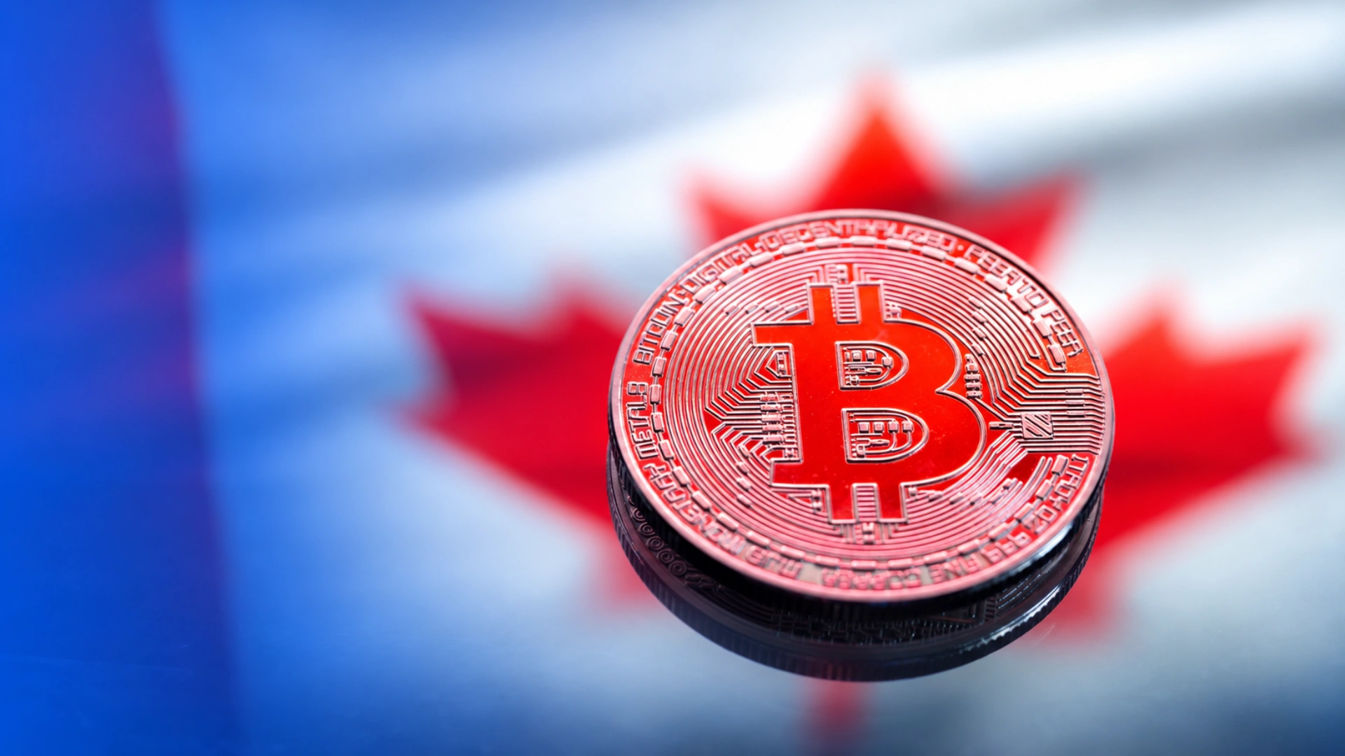 Red Bitcoin coin stacked in front of a blurred Canadian maple leaf flag, symbolising crypto business setup in Dubai