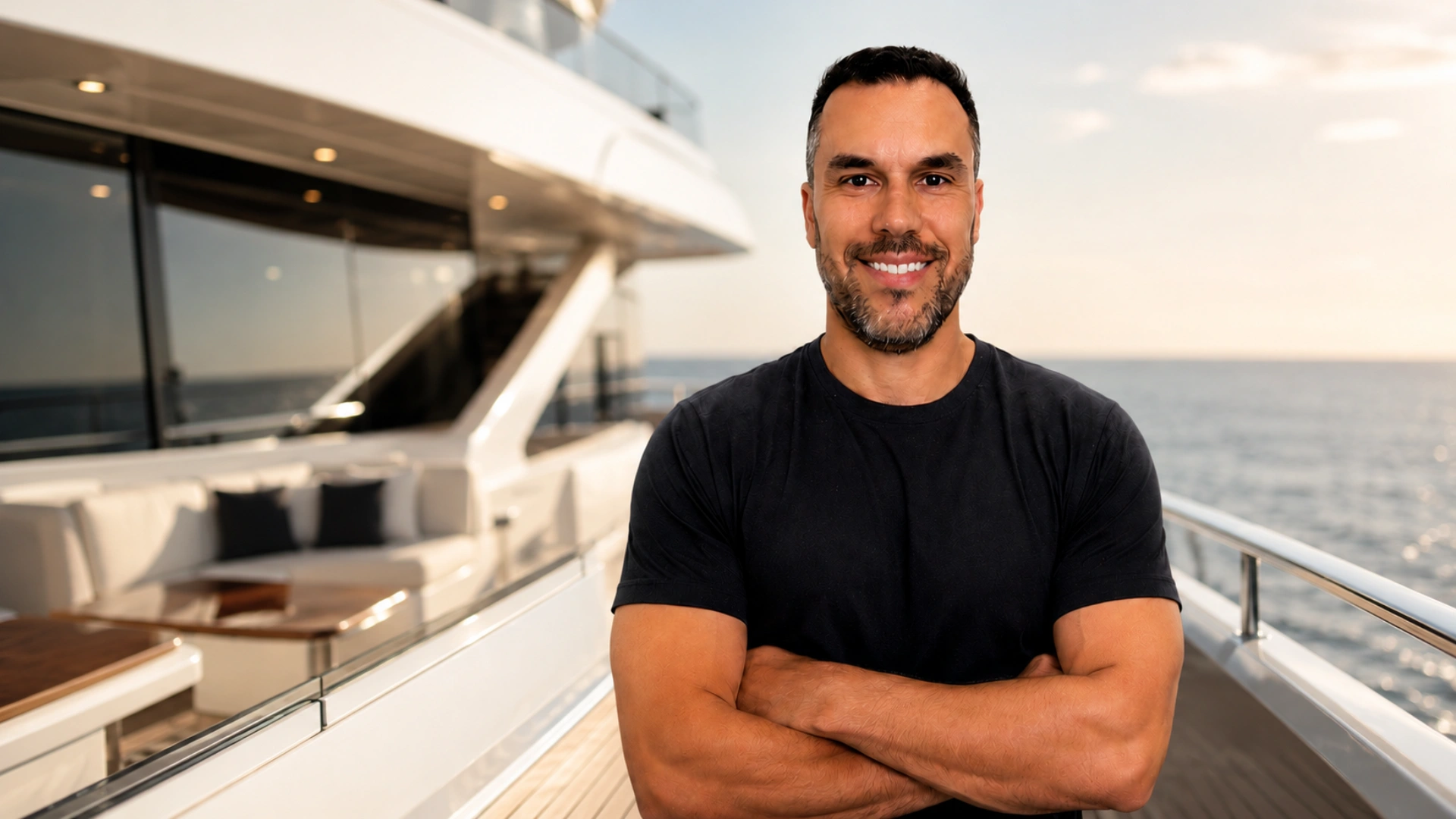 Superyacht captain Scott Macahonic with a luxury yacht and Dubai-style city skyline in the background, representing his Dubai residency experience with GenZone.
