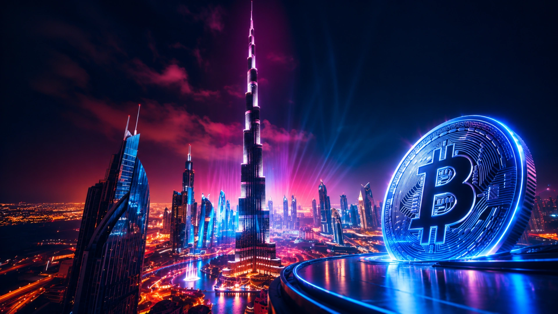 Dubai skyline with Burj Khalifa and a glowing blue Bitcoin symbol representing the UAE's growing crypto hub