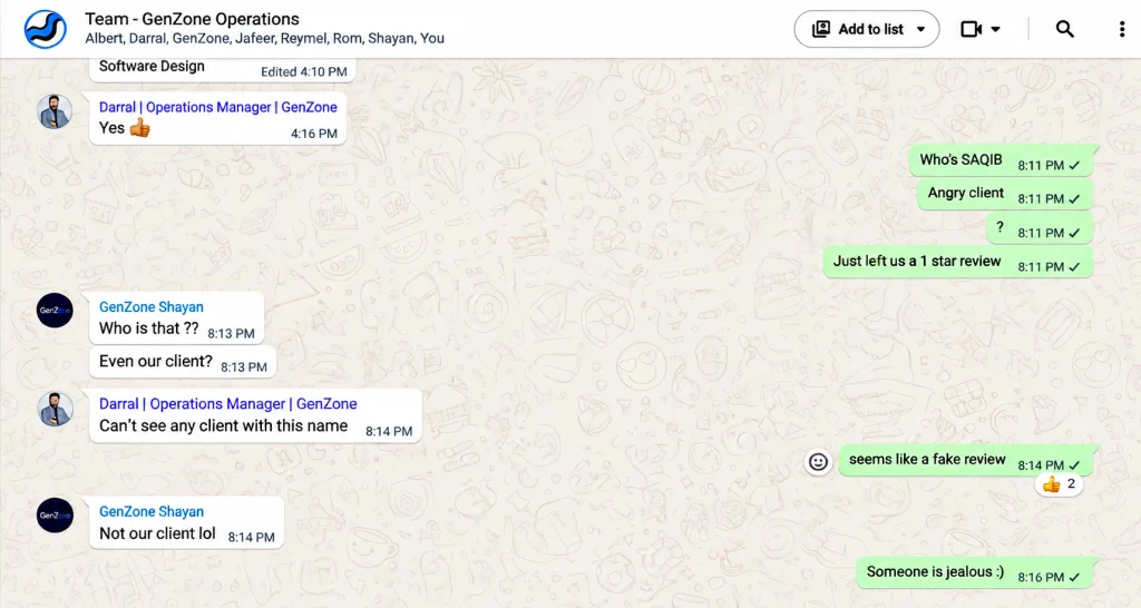 GenZone’s operations team cross-checked the reviewer’s identity against internal client records and found no matching customer.