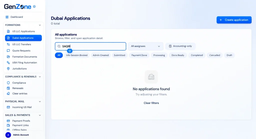 GenZone Dubai Applications dashboard showing a search for Saqib with no matching applications, supporting its investigation of a suspicious review.