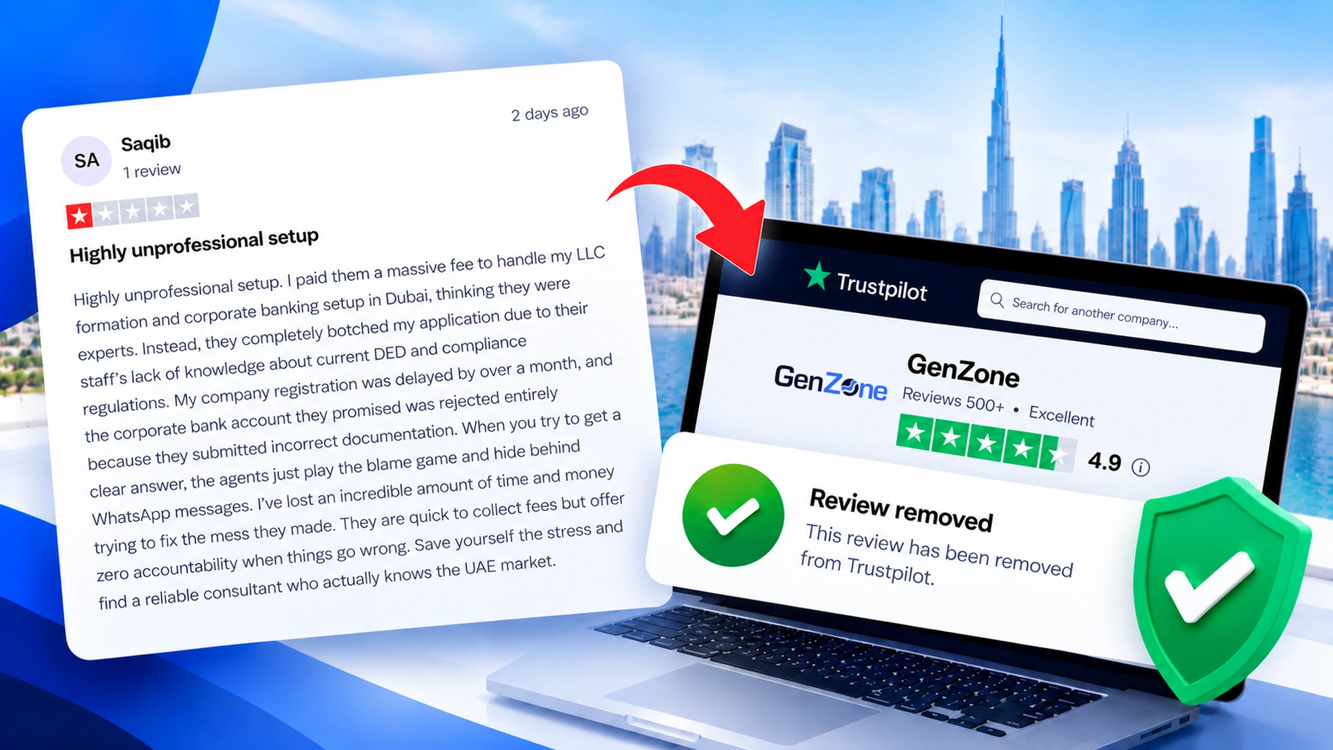GenZone challenges a suspicious one-star Trustpilot review, leading to its removal after the reviewer fails to verify their customer experience.