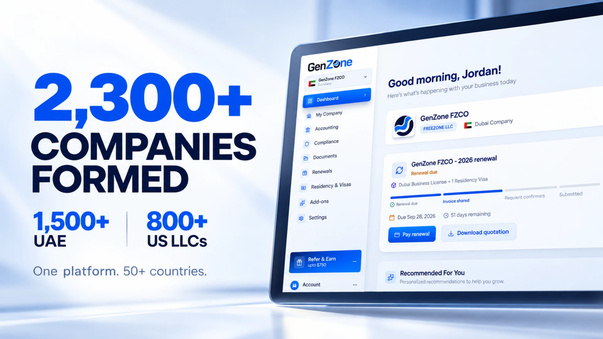 GenZone client platform dashboard showcasing 2,300+ companies formed, including 1,500+ UAE companies and 800+ US LLCs for founders in 50+ countries.