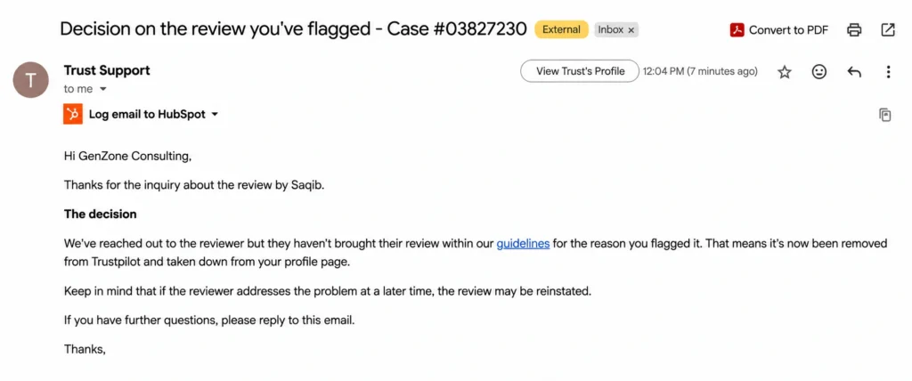 Trustpilot confirms the removal of a flagged one-star review from GenZone’s profile after the reviewer failed its verification requirements.