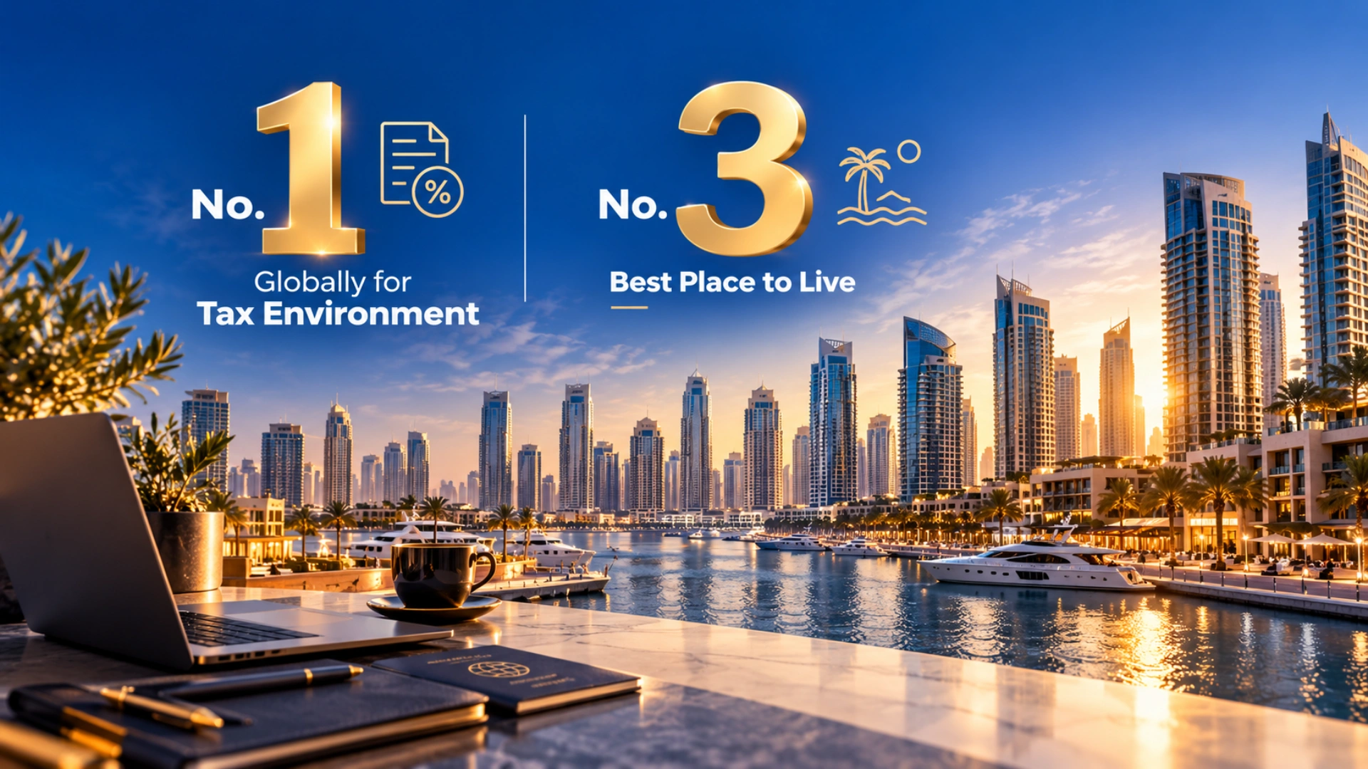 Dubai Marina skyline highlighting the UAE's No. 1 global tax environment and No. 3 lifestyle ranking in 2026.